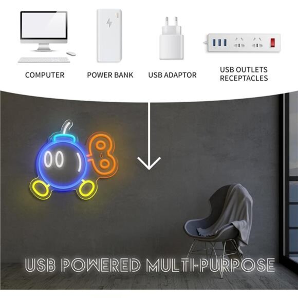 Super Mario Bros Bob-omb LED Neon Light Game Sign Room Decor Nintendo Retro NES - Picture 5 of 8